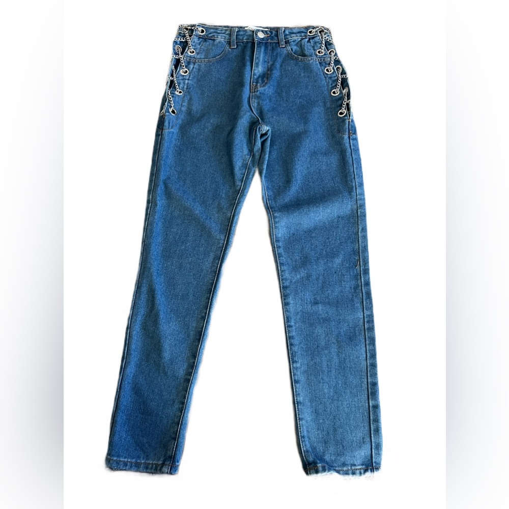 DENIM BLVD LOS ANGELES Eyelet Chain High Rise Boyfriend Jeans Juniors 1  27x29